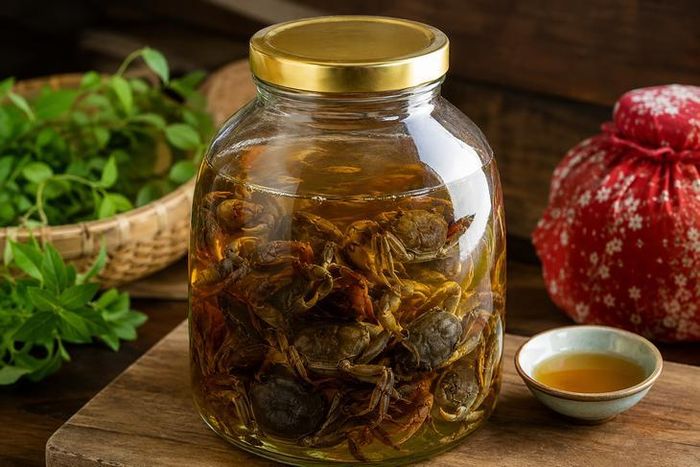 Chưa có bằng chứng khoa học cho thấy rượu trắng ngâm cua đồng có thể chữa được bệnh gout. Ảnh do AI tạo