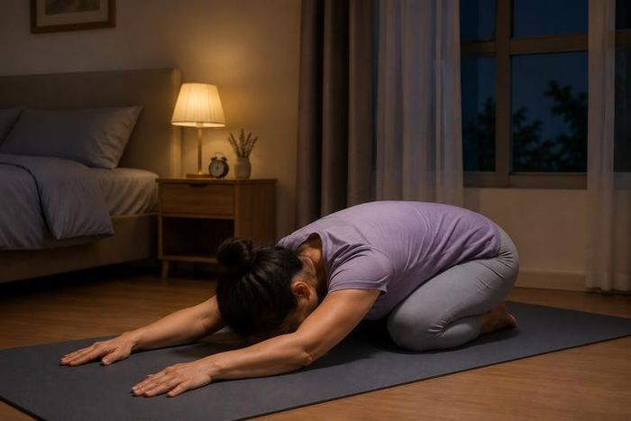 Tư thế em bé trong yoga giúp kéo giãn nhẹ nhàng vùng lưng, vai và hông, đồng thời tạo cảm giác an toàn, dễ chịu. Ảnh AI.