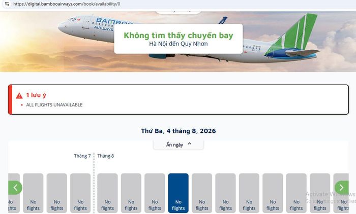 Website Bamboo Airways không hiển thị chuyến bay nào từ ngày 1/8. Ảnh chụp màn hình