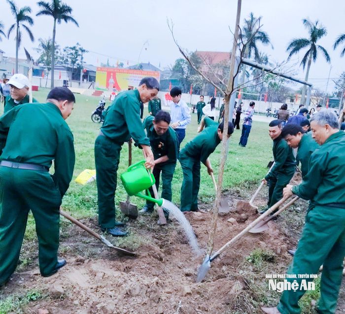 Cán bộ, hội viên Cựu chiến binh xã Đông Lộc tham gia trồng cây xanh. Ảnh: Mai Hoa