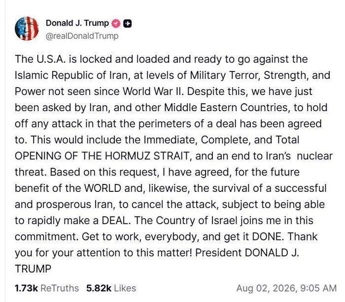 Bài đăng của Tổng thống Donald Trump trên mạng xã hội Truth Social, ngày 2/8/2026. Ảnh chụp màn hình