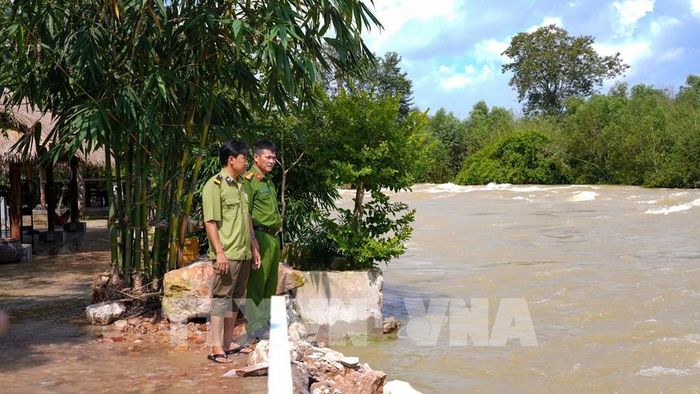 Lực lượng chức năng kiểm tra tình trạng lấn chiếm hành lang thoát lũ hồ Dầu Tiếng tại ấp Sơn Đài, xã Dầu Tiếng, Thành phố Hồ Chí Minh. Ảnh: Minh Phú - TTXVN