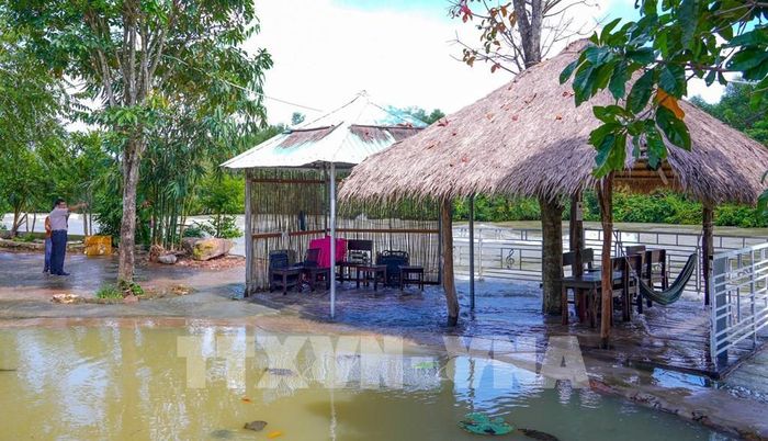 Nhiều hạng mục tại các quán ăn ven tuyến thoát lũ bị nước ngập khi hồ Dầu Tiếng vận hành xả lũ trong mùa mưa. Ảnh: Minh Phú - TTXVN