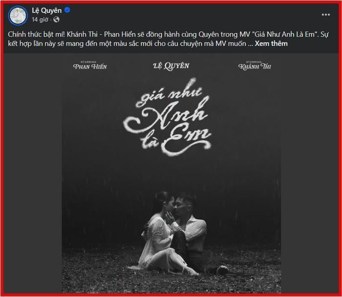 Lệ Quyên công bố Khánh Thi - Phan Hiển sẽ là 2 nhân vật chính trong MV Giá như anh là em.