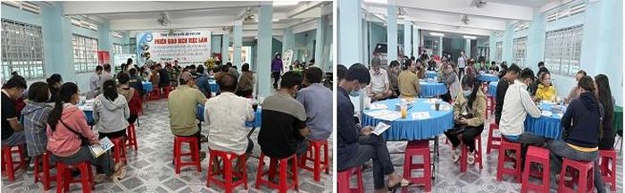Người lao động tìm kiếm việc làm tại phiên giao dịch. Ảnh VLVL
