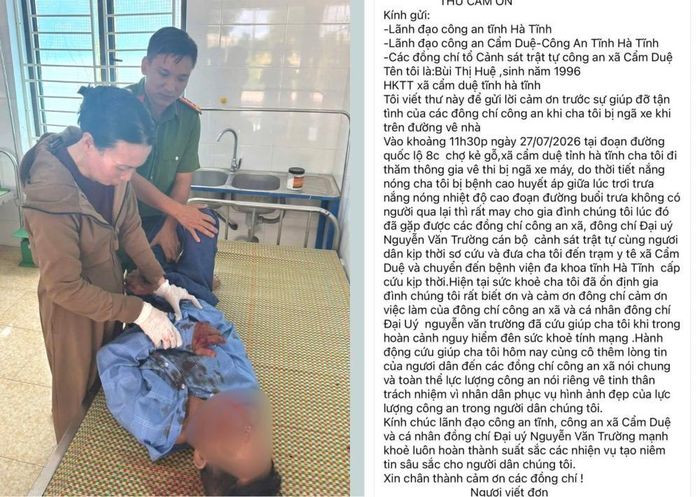 Đại úy Nguyễn Văn Trường, cán bộ Cảnh sát trật tự Công an xã Cẩm Duệ kịp thời đưa nạn nhân đi cấp cứu. Ảnh: CACC.