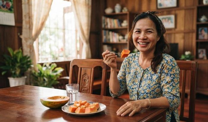 Ăn đu đủ khi bụng đói giúp hệ tiêu hóa được khởi động một cách êm dịu khi thức dậy. Ảnh minh họa AI