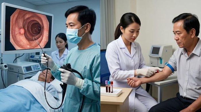 Nội soi đại tràng có thể quan sát trực tiếp, sinh thiết và cắt bỏ một số polyp tiền ung thư; xét nghiệm máu không thực hiện được các bước này. Hình minh họa AI