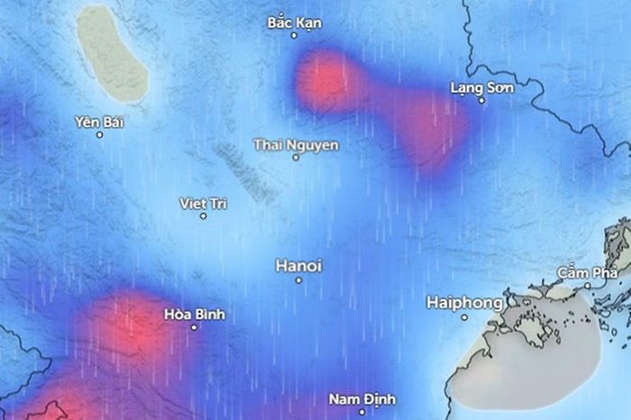 Dự báo mưa ở nhiều khu vực tại miền Bắc chiều đến chiều tối nay, 3/8 (những vùng màu xanh da trời là mưa nhỏ đến vừa, màu đỏ là mưa vừa đến mưa to). Ảnh: Zoom Earth, OpenStreetMap, ICON.