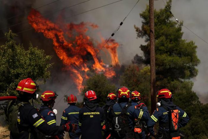 Lính cứu hỏa chiến đấu với đám cháy rừng gần làng Agia Paraskevi, Hy Lạp. Nguồn: Reuters.