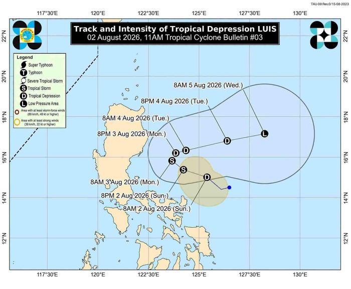  Bản đồ dự báo đường đi của áp thấp nhiệt đới Luis do PAGASA công bố ngày 2.8, cho thấy hệ thống nhiều khả năng mạnh lên thành bão nhiệt đới trước khi đổi hướng đông bắc và bị bão Dolphin hấp thụ trong những ngày tới. Ảnh: PAGASA.