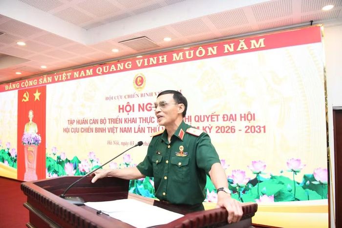 Thiếu tướng Hồ Bá Vinh, Ủy viên Ban Thường vụ Hội Cựu chiến binh Việt Nam, Phó Trưởng Ban Công tác Cựu chiến binh Trung ương, phát biểu. (Ảnh: MINH SƠN)