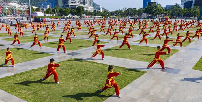  Các võ sinh mặc đồng phục võ cổ truyền tham gia đồng diễn. Ảnh: DŨNG NHÂN 