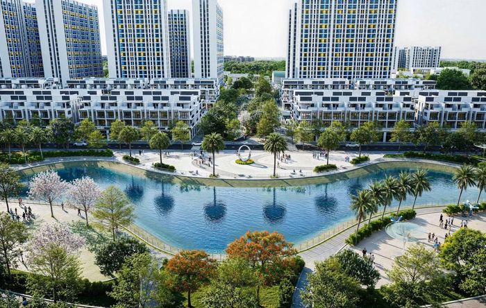 Phối cảnh tiện ích với không gian xanh và hồ điều hòa của dự án