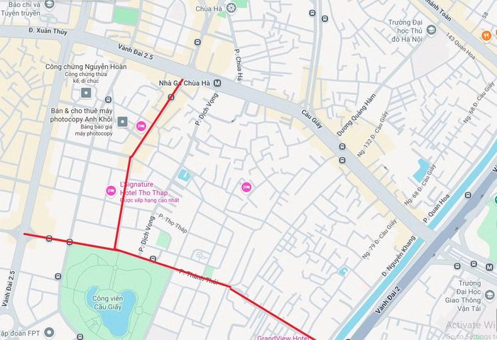 Vị trí tuyến phố đi bộ thông minh được thí điểm ở Hà Nội. Ảnh: Google Maps