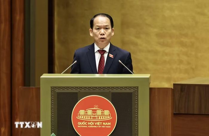 Bộ trưởng Bộ Tư pháp Hoàng Thanh Tùng trình bày Tờ trình về 03 dự án: Luật Phổ biến, giáo dục pháp luật; Luật sửa đổi, bổ sung một số điều của Luật Trách nhiệm bồi thường của Nhà nước; Luật Hòa giải ở cơ sở (sửa đổi). (Ảnh: Minh Đức/TTXVN)