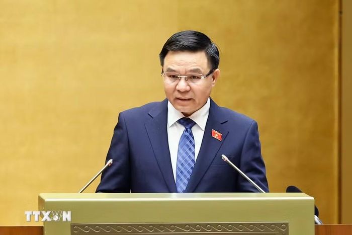 Bộ trưởng Bộ Công Thương Lê Mạnh Hùng, thừa ủy quyền của Thủ tướng Chính phủ trình bày Tờ trình về dự án Luật Dầu khí (sửa đổi). (Ảnh: Doãn Tấn/TTXVN) 