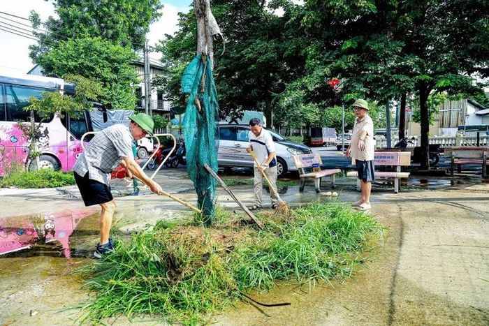 Người dân thôn Giao Tác tham gia phát quang cây cỏ, vệ sinh khu vực công cộng hưởng ứng Chiến dịch “100 ngày hành động vì Thư Lâm phát triển - Vì hạnh phúc của Nhân dân." (Ảnh: Trung Nguyên/TTXVN)