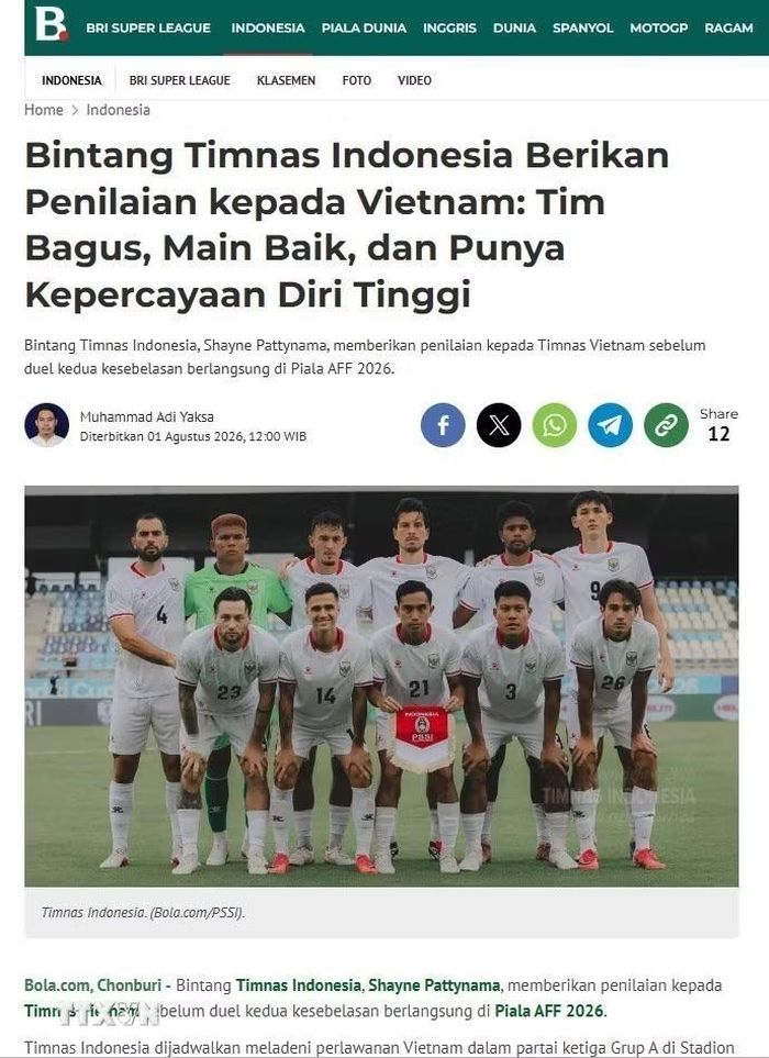 Báo Bola.com khẳng định Việt Nam là đối thủ mạnh nhưng đội bóng Indonesia tin vào lối chơi và khả năng của mình. (Ảnh: TTXVN phát)