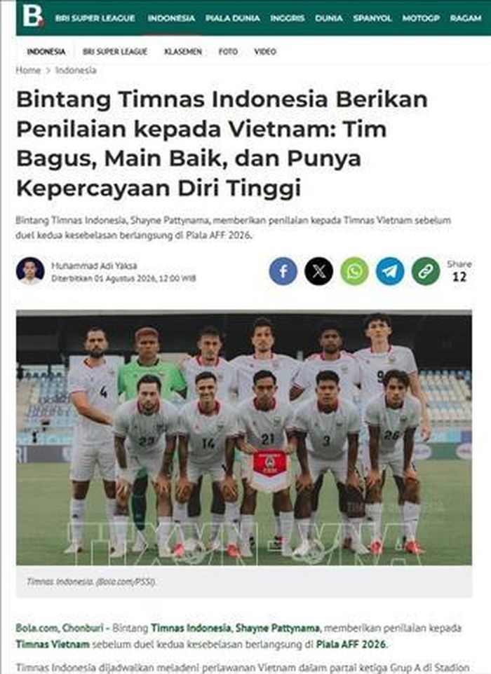 Báo Bola.com khẳng định Việt Nam là đối thủ mạnh nhưng đội bóng Indonesia tin vào lối chơi và khả năng của mình. Ảnh: TTXVN phát