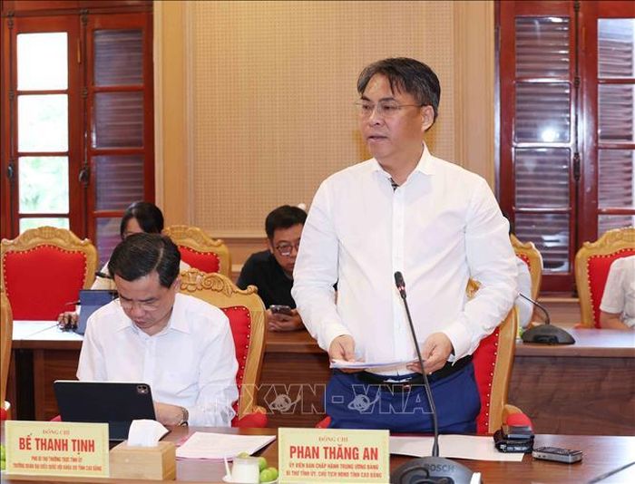 Đồng chí Phan Thăng An, Ủy viên Trung ương Đảng, Bí thư Tỉnh ủy Cao Bằng phát biểu tại hội nghị. Ảnh: Phương Hoa/TTXVN