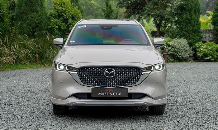 Đầu xe Mazda CX-8 nổi bật với lưới tản nhiệt viền crom Signature Wings.