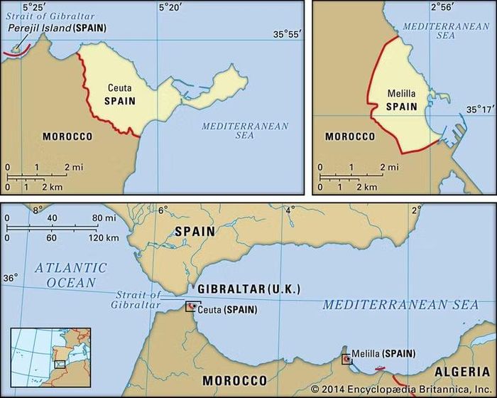Bản đồ các lãnh thổ Ceuta và Melilla của Tây Ban Nha ở Bắc Phi. Ảnh: BRITANNICA
