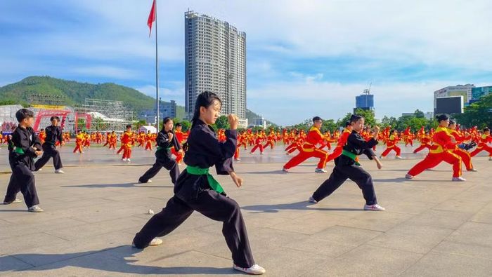 Những động tác mạnh mẽ, dứt khoát thể hiện tinh hoa võ cổ truyền Việt Nam được nhiều võ sinh thể hiện đẹp mắt. Ảnh: Đoan Ngọc