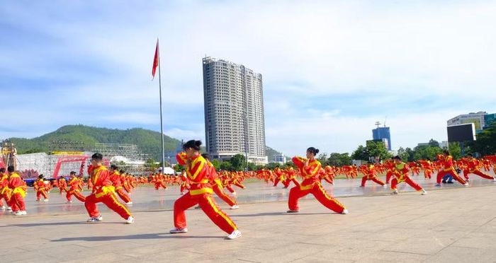 Đoàn võ sinh của tỉnh Gia Lai tham gia đồng diễn với lực lượng đông đảo. Ảnh: Đoan Ngọc