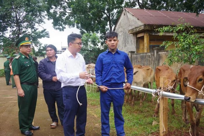  Lãnh đạo BĐBP tỉnh và UBND xã Ia Dom tặng bò giống cho các hộ dân có hoàn cảnh khó khăn. Ảnh: Công Cường 