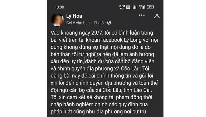 Sau khi được tuyên truyền, chủ tài khoản đã đăng bài cải chính thông tin.