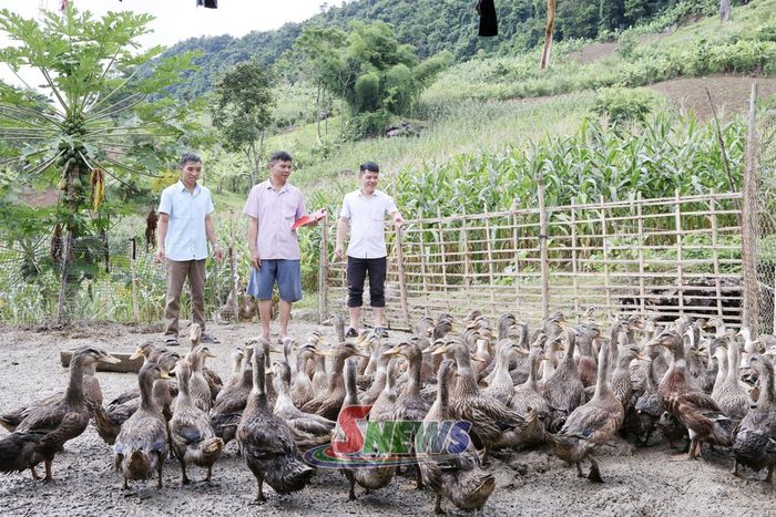 Cán bộ xã Mường Khiêng (bên phải) hướng dẫn người dân chăm sóc đàn vịt.