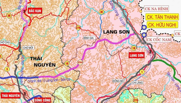 Mô phỏng hướng tuyến cao tốc Thái Nguyên - Lạng Sơn.