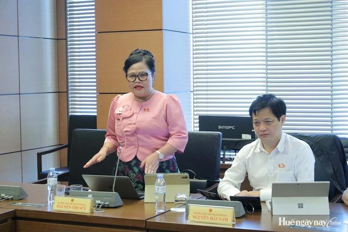 Phó Trưởng đoàn ĐBQH chuyên trách thành phố Nguyễn Thị Sửu góp ý các nội dung liên quan đến nền tảng thương mại điện tử. Ảnh: Đoàn ĐBQH thành phố cung cấp
