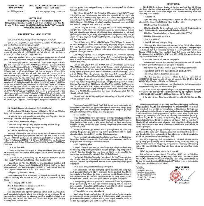 Quyết định số 2056/QĐ-UBND do Phó Chủ tịch UBND tỉnh Bắc Ninh Đào Quang Khải ký ngày 27/7/2026.