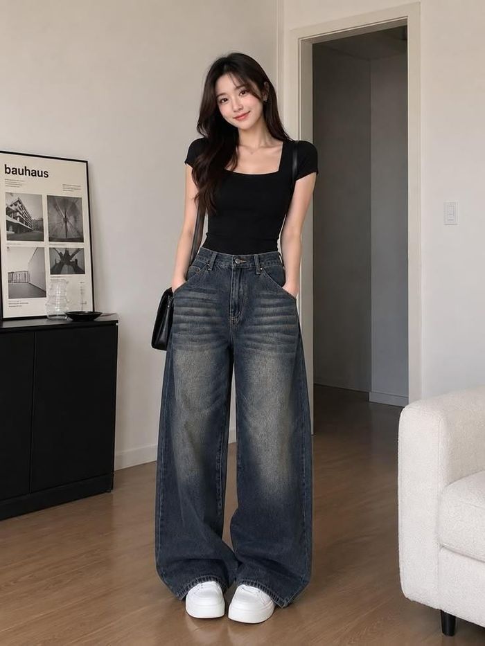 Jeans ống suông và áo thun ôm nhẹ tạo hiệu ứng "hack" dáng. (Ảnh: Minh họa)