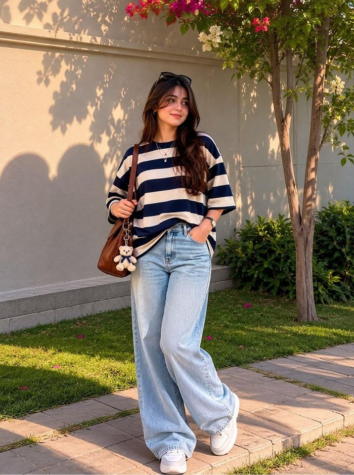 Áo thun kẻ ngang kết hợp jeans là công thức không bao giờ lỗi mốt. (Ảnh: Pinterest)