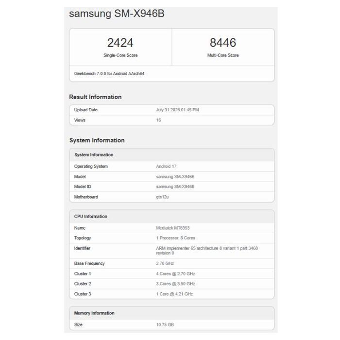 Mã hiệu SM-X946B trên Geekbench gần giống mã SM-X936B của Tab S11 Ultra, củng cố nhận định đây là Galaxy Tab S12 Ultra. Ảnh: gizmochina