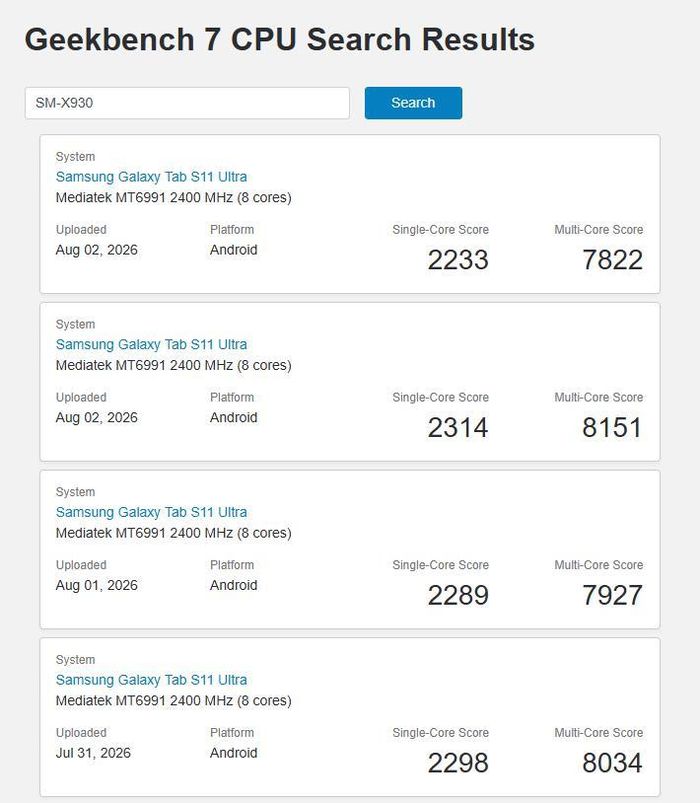 Kết quả tìm kiếm Geekbench 7 với từ khóa "SM-X930" cho thấy nhiều lượt thử nghiệm trên Samsung Galaxy Tab S11 Ultra dùng chip Mediatek MT6991 xung nhịp 2.400 MHz, 8 nhân, điểm đơn nhân dao động 2.233-2.314 và điểm đa nhân 7.822-8.151. Ảnh: gizmochina