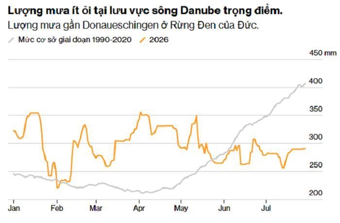 Mực nước lưu vực sông Danube bảy tháng đầu năm 2026. (Nguồn: ECMWF)