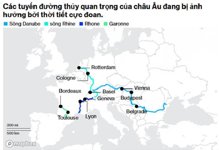 Các tuyến đường thủy quan trọng ở châu Âu bị ảnh hưởng bởi thời tiết cực đoan. (Nguồn: Natural Earth)