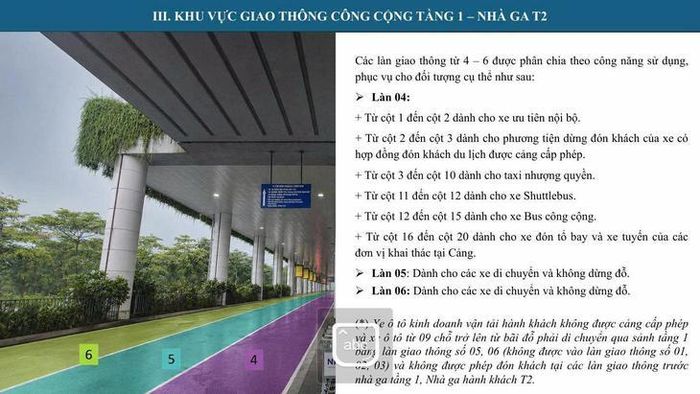 Đối với xe Taxi truyền thống (nhượng quyền của Cảng): Được bố trí đón khách tại các làn đường gần Nhà ga T2: Hành khách đón xe tại Làn giao thông số 4 (từ cột số 3 đến cột số 10). (Ảnh Cảng HKQT Nội Bài)