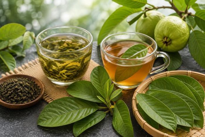 Lá ổi và trà xanh đều được biết đến là nguồn cung cấp nhiều hợp chất chống oxy hóa có lợi cho sức khỏe. Ảnh AI.