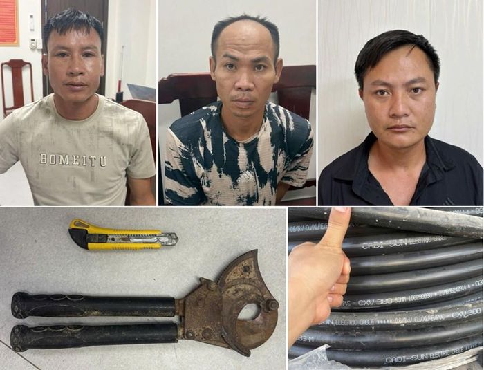 Các đối tượng (từ trái sang): Phan Văn Tài, Đỗ Trọng Tuấn, Lê Văn Nhâm cùng một số tang vật trong vụ trộm cắp tài sản. Ảnh: Công an Thanh Hóa