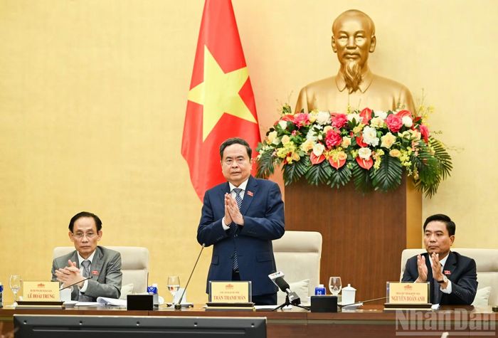 Chủ tịch Quốc hội Trần Thanh Mẫn phát biểu chỉ đạo tại cuộc gặp. (Ảnh: DUY LINH)