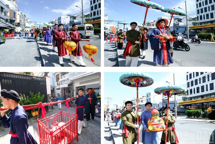Hình ảnh đoàn rước giữa không gian đô thị hiện đại thu hút đông đảo người dân và du khách theo dõi.