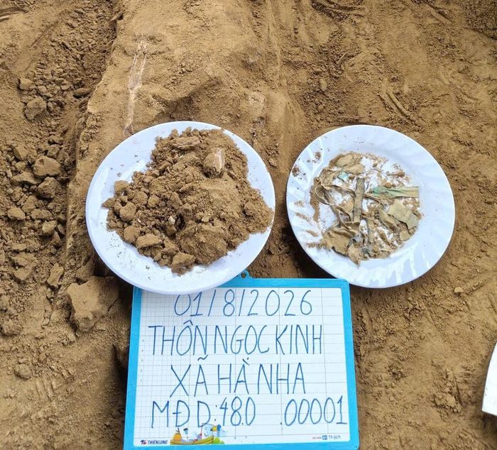  Mẫu xương và di vật được tìm thấy tại khu vực. Ảnh: QUANG CƯỜNG 