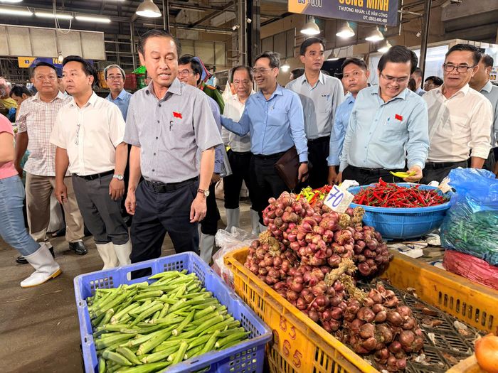 Thường trực HĐND TPHCM khảo sát ATTP tại chợ đầu mối Bình Điền tối 4-8. Ảnh: HOÀNG HÙNG.