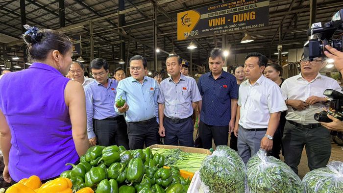 Thường trực HĐND TPHCM khảo sát ATTP tại chợ đầu mối Bình Điền tối 4-8. Ảnh: HOÀNG HÙNG.