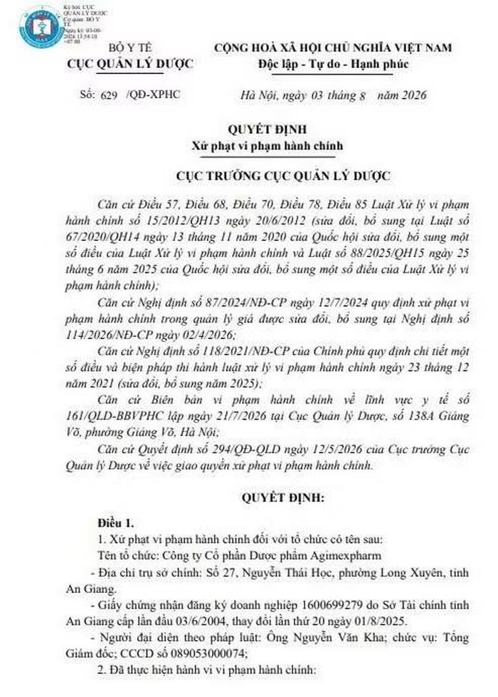 Quyết định xử phạt số 629/QĐ-XPHC của Cục Quản lý Dược. Ảnh chụp màn hình.